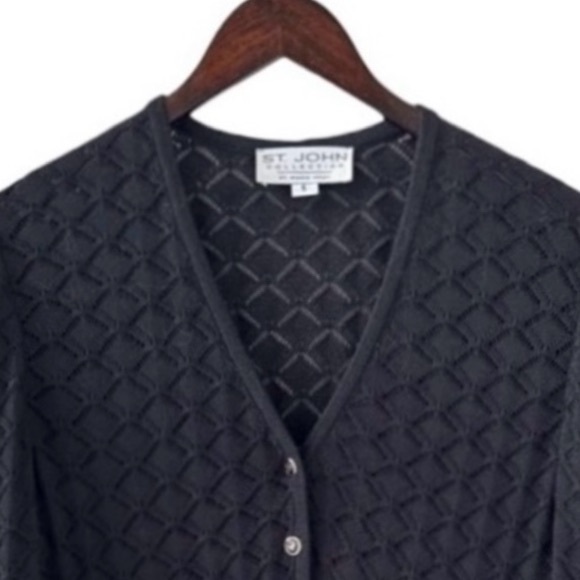 St. John Black Button Down Long Sleeve Pointelle Knit Cardigan Sweater Size 6 - Picture 3 of 9